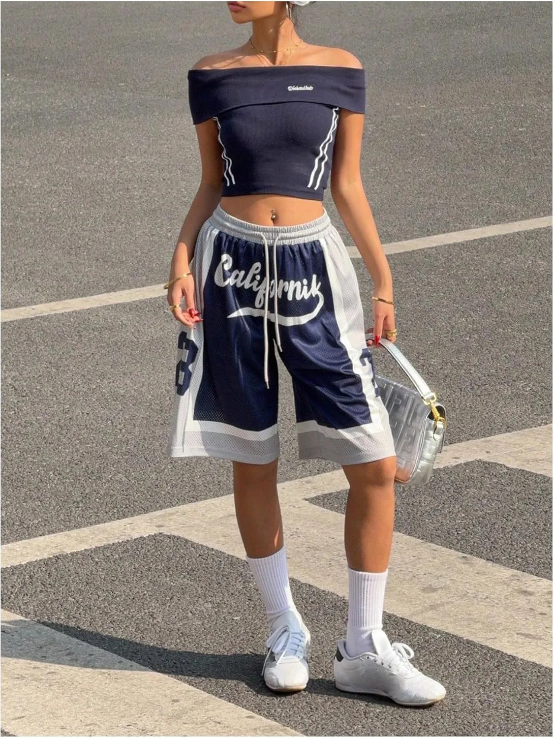 MakeMeChic Women's Y2K Letter Print Drawstring Waist Shorts Color Block Wide Leg Summer Shorts