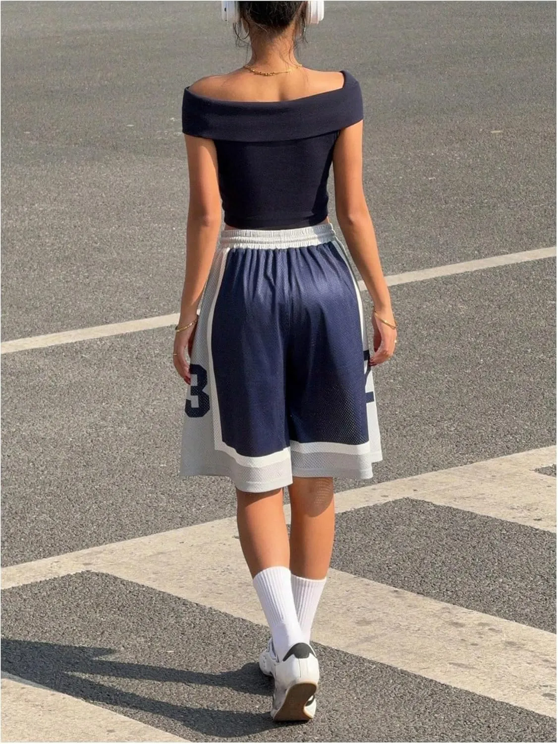 MakeMeChic Women's Y2K Letter Print Drawstring Waist Shorts Color Block Wide Leg Summer Shorts