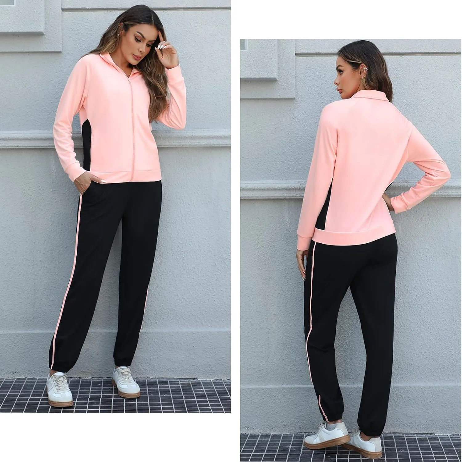 Marvmys Color Block Tracksuit for Women 2 Piece Outfits Fall Sweatsuits Zip Up Jogging Suit Long Sleeve Jogger Lounge Sets