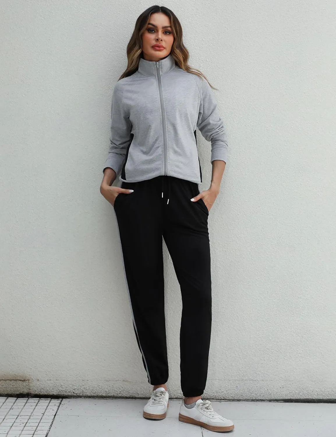 Marvmys Color Block Tracksuit for Women 2 Piece Outfits Fall Sweatsuits Zip Up Jogging Suit Long Sleeve Jogger Lounge Sets
