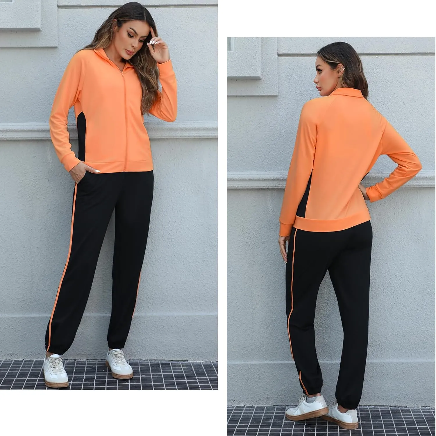 Marvmys Color Block Tracksuit for Women 2 Piece Outfits Fall Sweatsuits Zip Up Jogging Suit Long Sleeve Jogger Lounge Sets