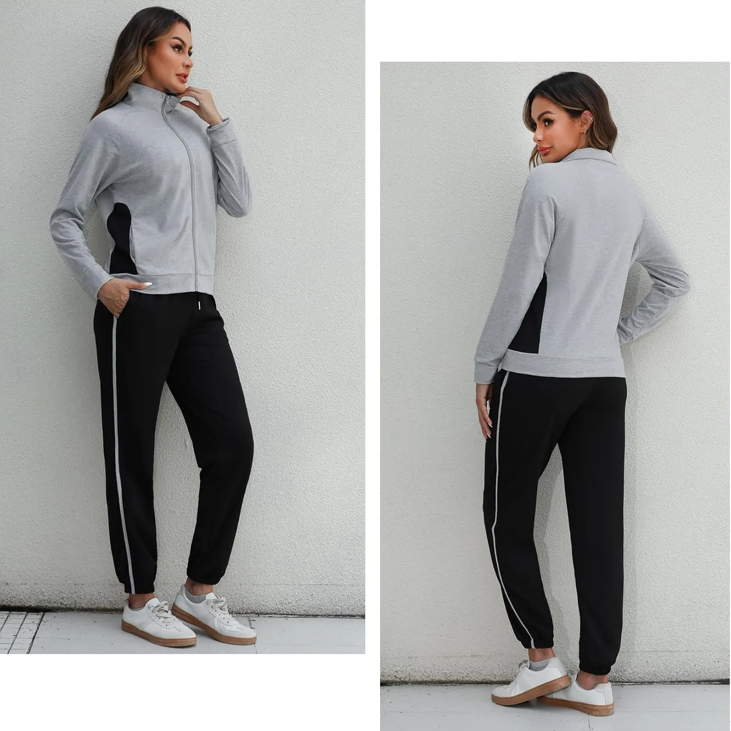 Marvmys Color Block Tracksuit for Women 2 Piece Outfits Fall Sweatsuits Zip Up Jogging Suit Long Sleeve Jogger Lounge Sets