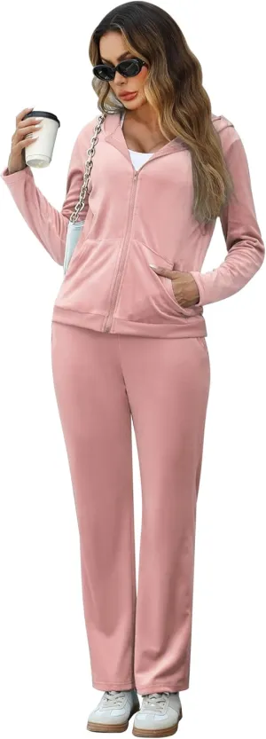 Marvmys Velour Tracksuit Womens 2 Piece Outfits Velvet Sweatsuit Jogging Suit Full Zip Up Hoodie and Sweatpants Set