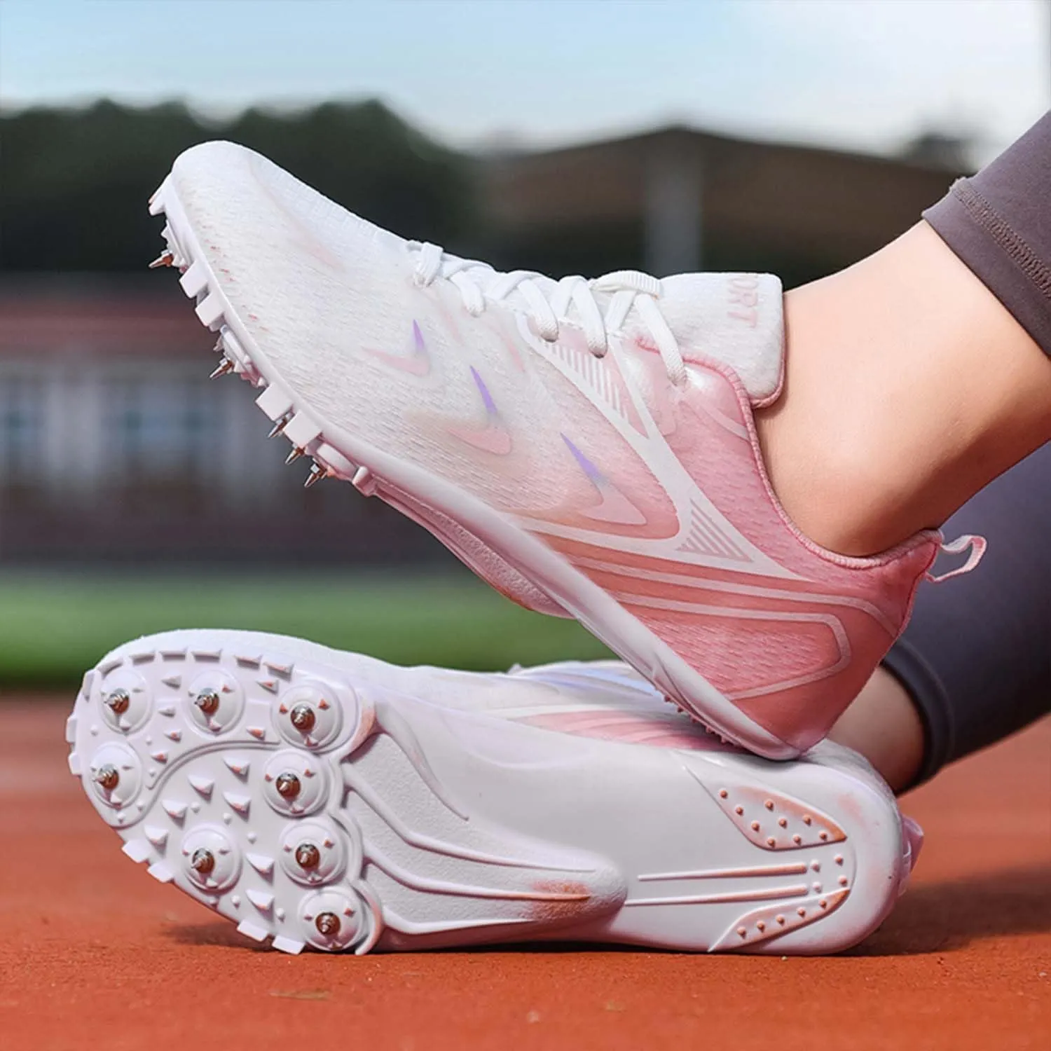 MEBAMY Mens Womens Track and Field Shoes Sprint Sport Sneakers Mesh Breathable Professional Running Nail Spikes Shoes for Boys Girls,Pink
