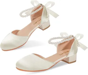 MEJORMEN Flower Girls Heel Dress Shoes Bow Pearl Ankle Strap Mary Jane Pumps Wedding Party Princess Shoes for Big Girl