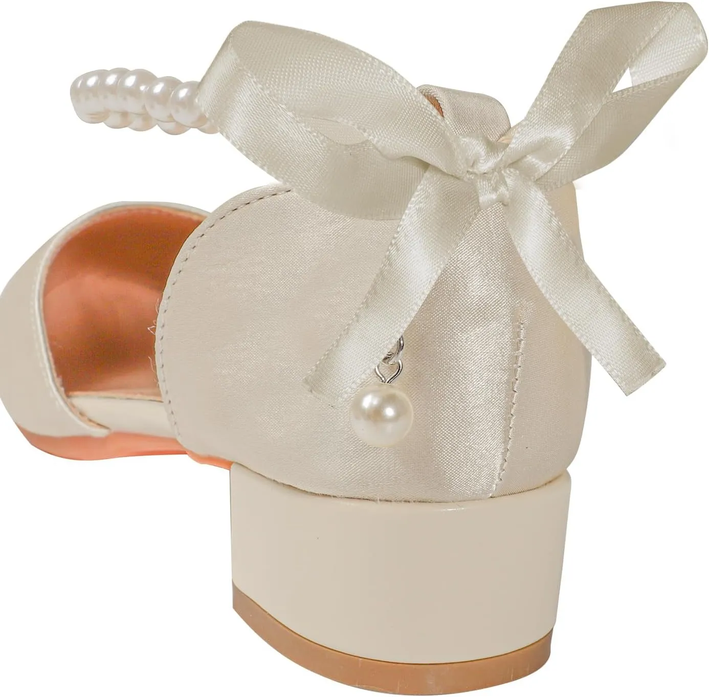 MEJORMEN Flower Girls Heel Dress Shoes Bow Pearl Ankle Strap Mary Jane Pumps Wedding Party Princess Shoes for Big Girl