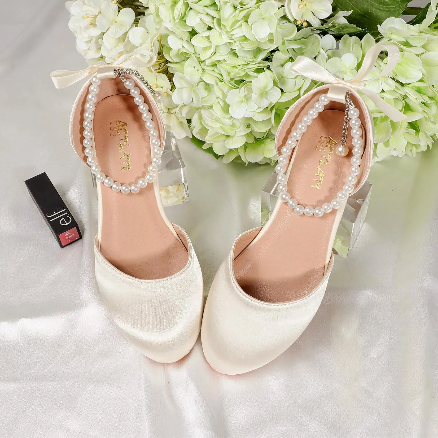 MEJORMEN Flower Girls Heel Dress Shoes Bow Pearl Ankle Strap Mary Jane Pumps Wedding Party Princess Shoes for Big Girl
