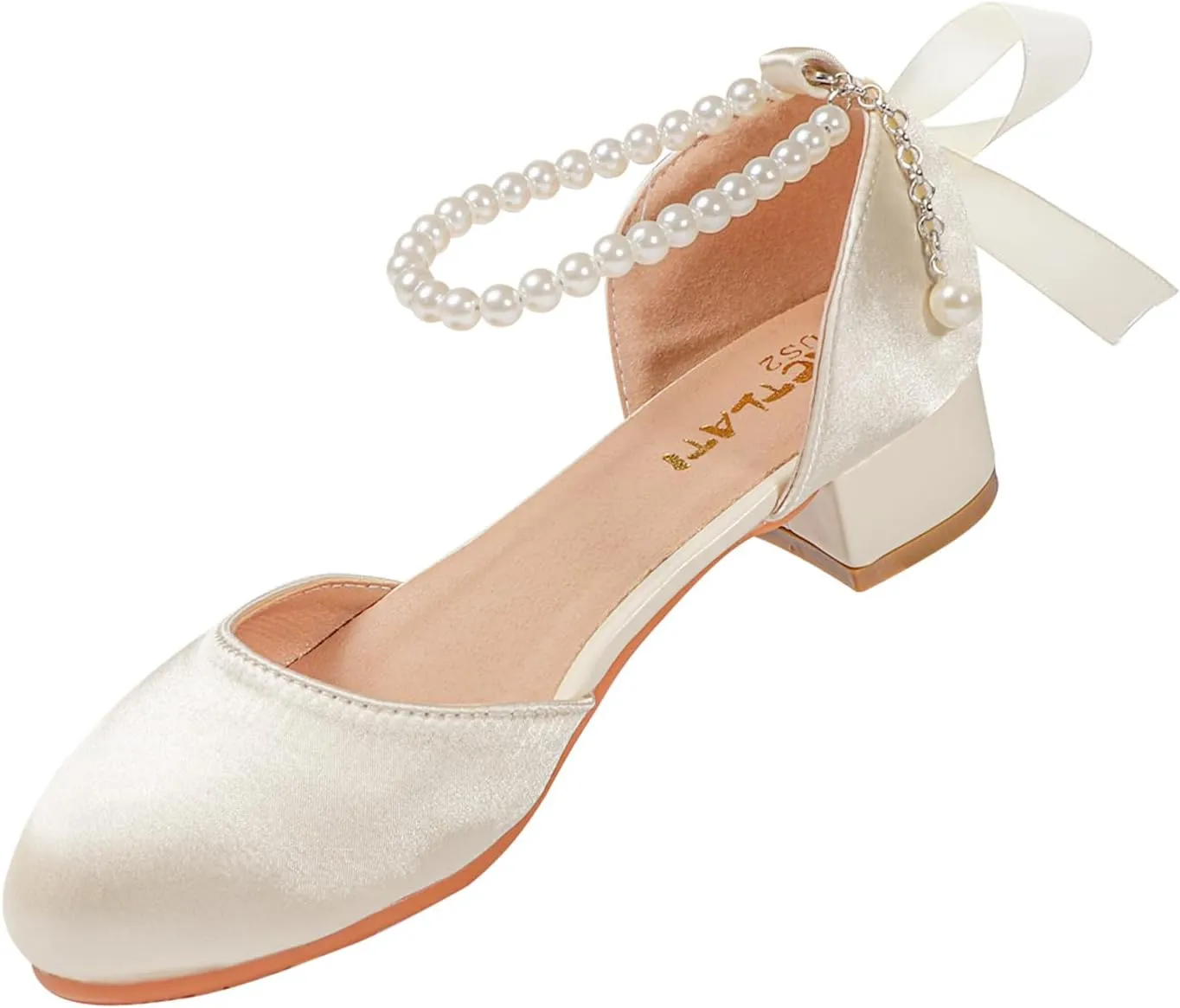 MEJORMEN Flower Girls Heel Dress Shoes Bow Pearl Ankle Strap Mary Jane Pumps Wedding Party Princess Shoes for Big Girl