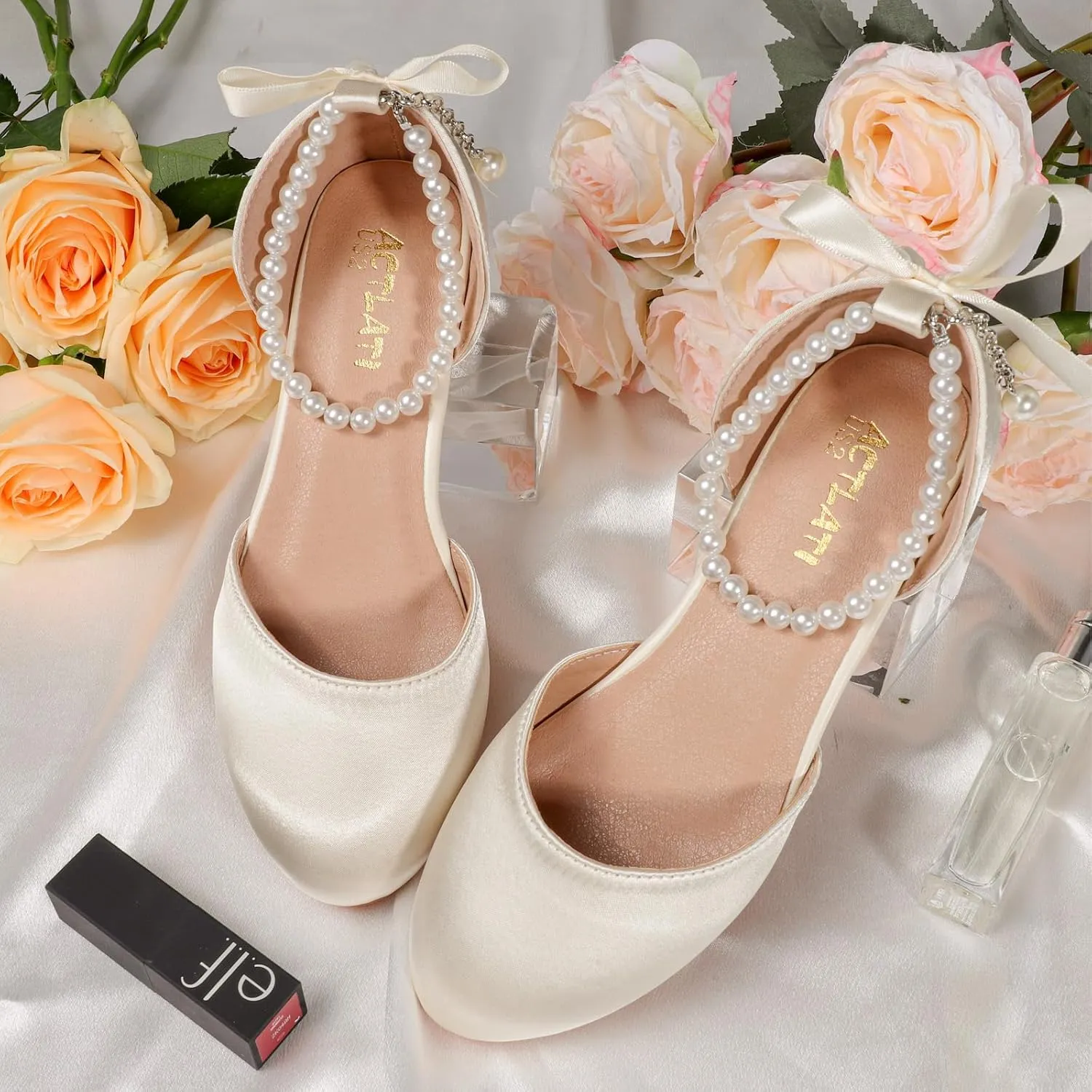MEJORMEN Flower Girls Heel Dress Shoes Bow Pearl Ankle Strap Mary Jane Pumps Wedding Party Princess Shoes for Big Girl