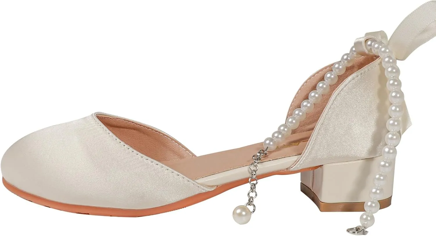 MEJORMEN Flower Girls Heel Dress Shoes Bow Pearl Ankle Strap Mary Jane Pumps Wedding Party Princess Shoes for Big Girl