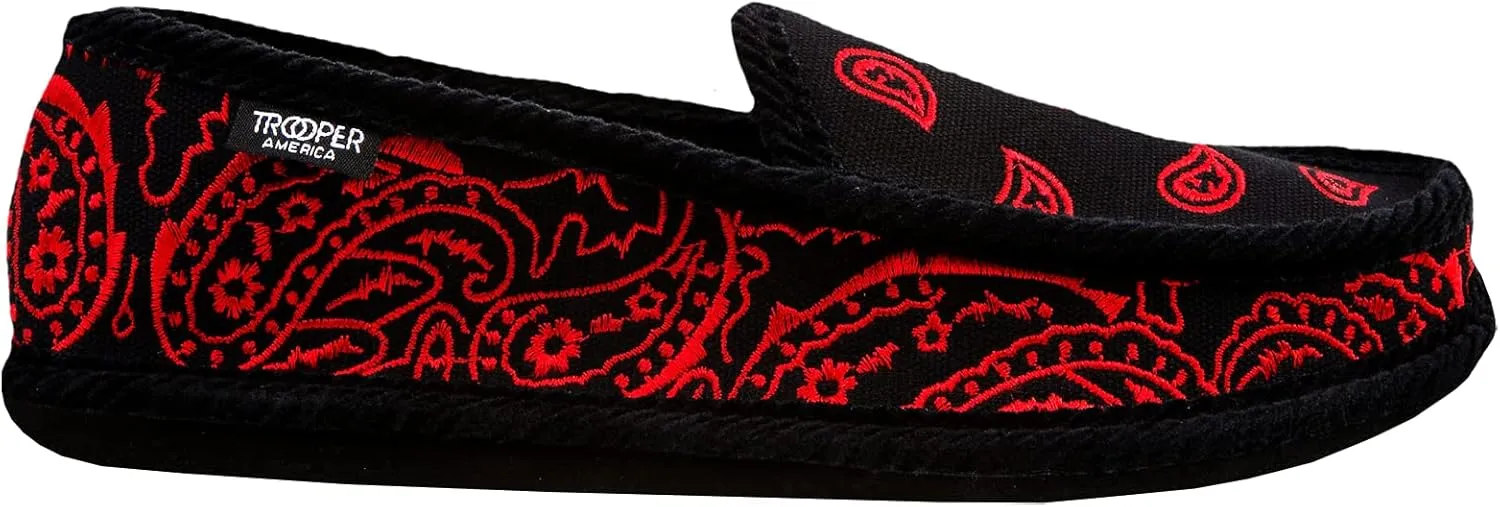 Men KS-002E Black/Red Embroidered Bandana Paisley Slip-On | Cozy, Colorful House Shoe Slippers | Ultra Cushion for Indoor and Outdoor