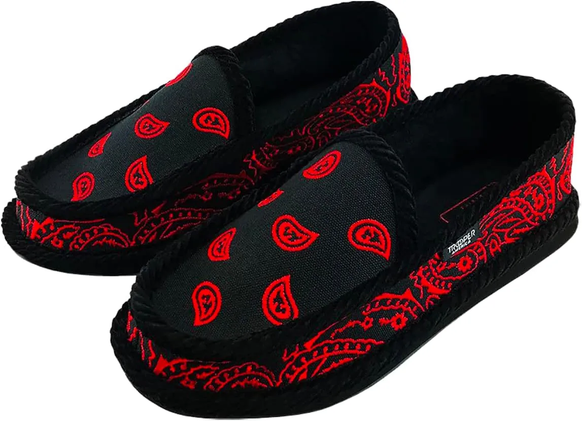 Men KS-002E Black/Red Embroidered Bandana Paisley Slip-On | Cozy, Colorful House Shoe Slippers | Ultra Cushion for Indoor and Outdoor