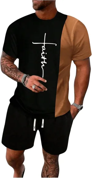 Men's 2 Piece Short Set Short Sleeve Colorblock T-shirts and Drawstring Waited Running Shorts Tracksuits