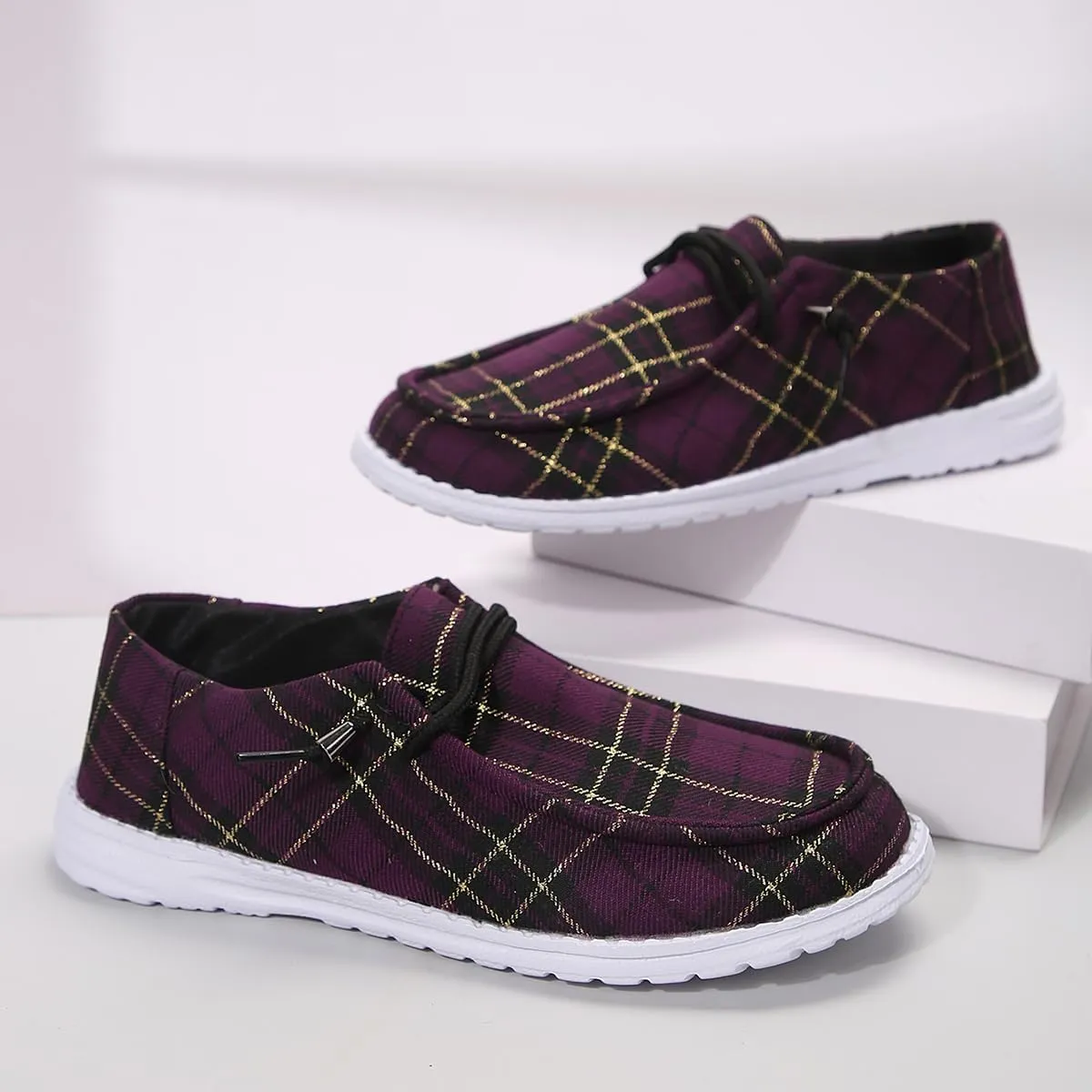 Men's & Women's Slip-On Loafers - Breathable Boat Deck Shoes with Non-Slip Sole, Comfortable Walking Shoes for Daily Outings & Retro Style (Blue Checkered)