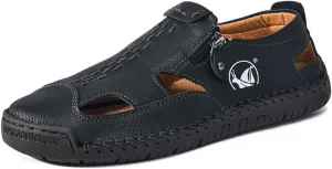 Men's Closed Toe Leather Sandals Non-Slip Beach Hiking Shoes Summer Casual Hollow Out Loafer for Daily Wear