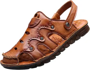 Mens Closed Toe Outdoor Beach Sandal, Summer Durable Convenient Shoe Buckle Closed Toe Sandals, Comfortable Adjustable the Heel Strap Leather Slippers
