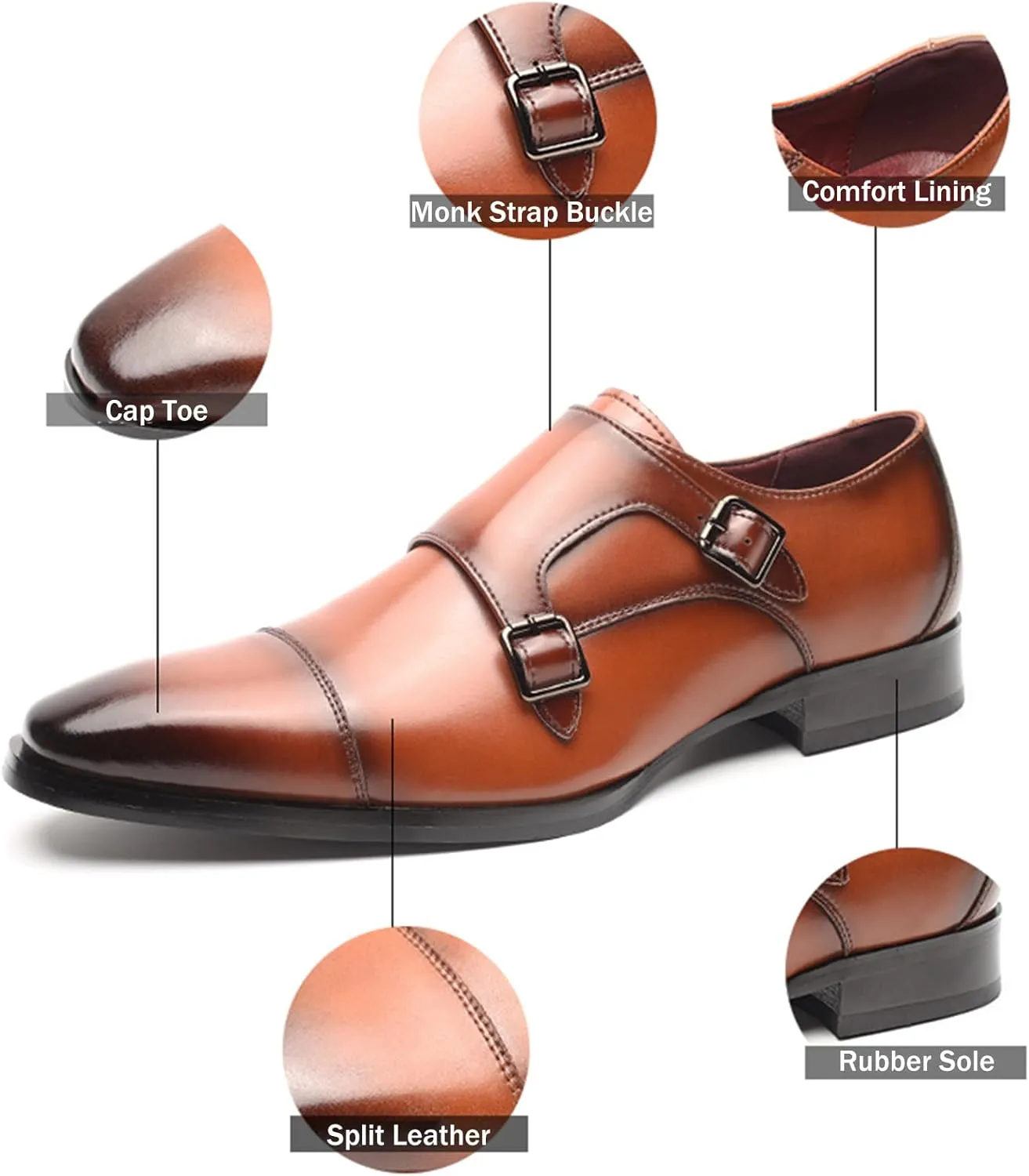 Men's Genuine Leather Double Monk Strap Dress Loafers Fashion Classic Cap Toe Low Top Slip On Dress Oxford Shoes Business Casual Office Wedding Formal Shoes