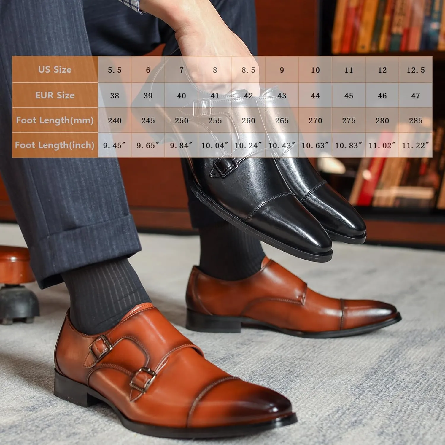 Men's Genuine Leather Double Monk Strap Dress Loafers Fashion Classic Cap Toe Low Top Slip On Dress Oxford Shoes Business Casual Office Wedding Formal Shoes