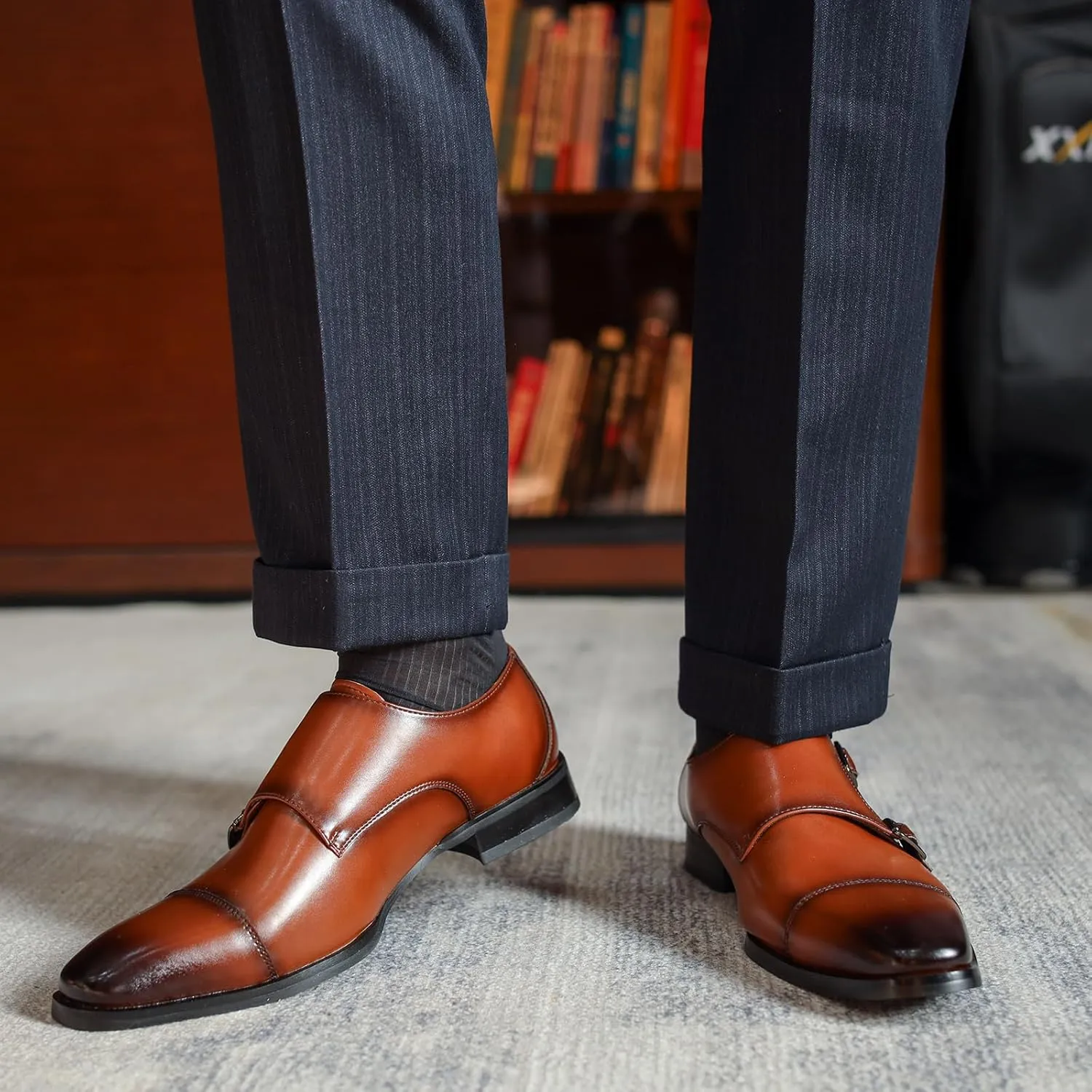 Men's Genuine Leather Double Monk Strap Dress Loafers Fashion Classic Cap Toe Low Top Slip On Dress Oxford Shoes Business Casual Office Wedding Formal Shoes