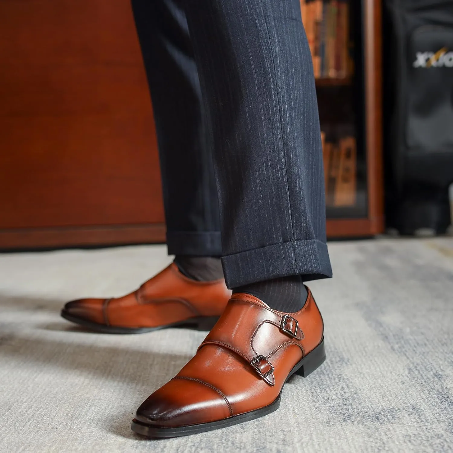 Men's Genuine Leather Double Monk Strap Dress Loafers Fashion Classic Cap Toe Low Top Slip On Dress Oxford Shoes Business Casual Office Wedding Formal Shoes