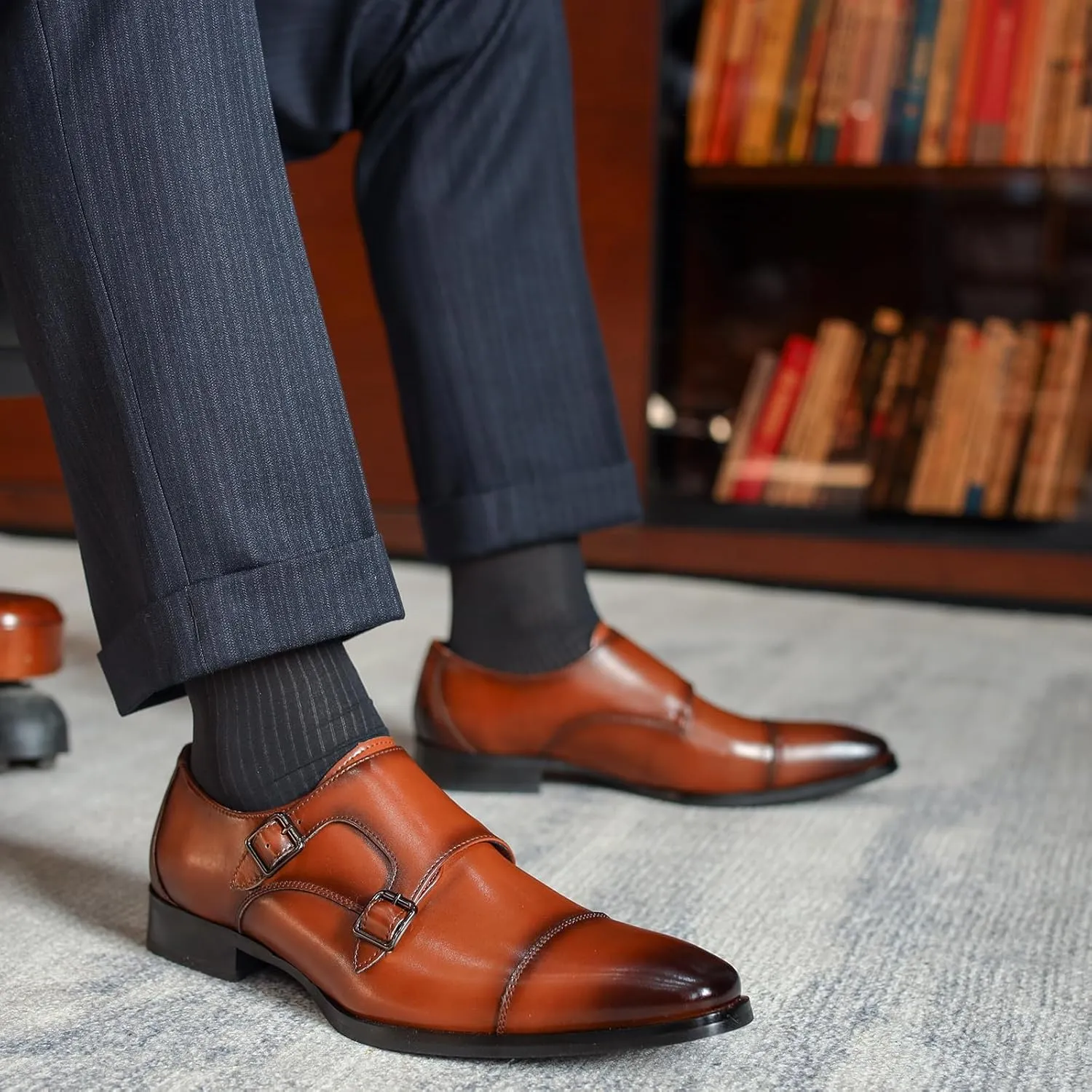 Men's Genuine Leather Double Monk Strap Dress Loafers Fashion Classic Cap Toe Low Top Slip On Dress Oxford Shoes Business Casual Office Wedding Formal Shoes