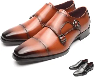 Men's Genuine Leather Double Monk Strap Dress Loafers Fashion Classic Cap Toe Low Top Slip On Dress Oxford Shoes Business Casual Office Wedding Formal Shoes