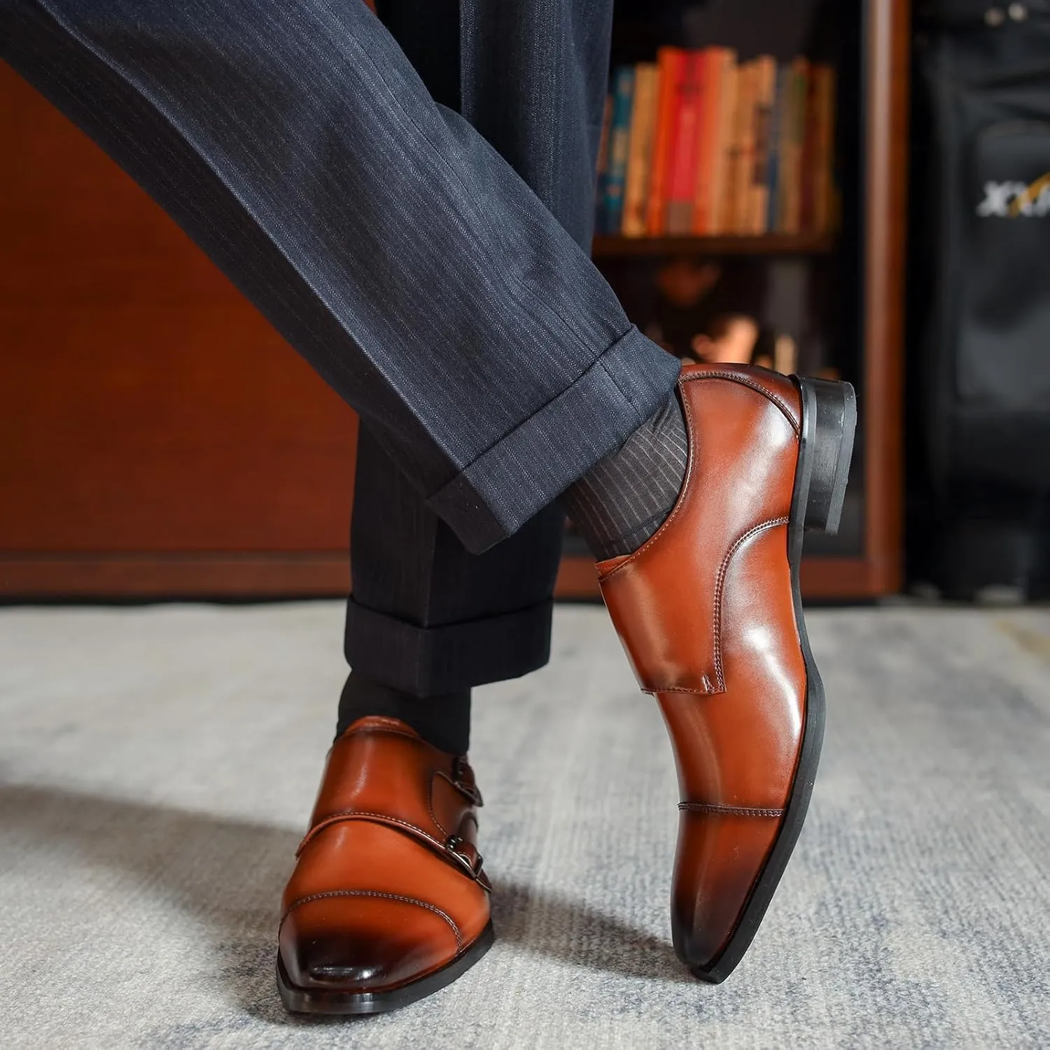 Men's Genuine Leather Double Monk Strap Dress Loafers Fashion Classic Cap Toe Low Top Slip On Dress Oxford Shoes Business Casual Office Wedding Formal Shoes
