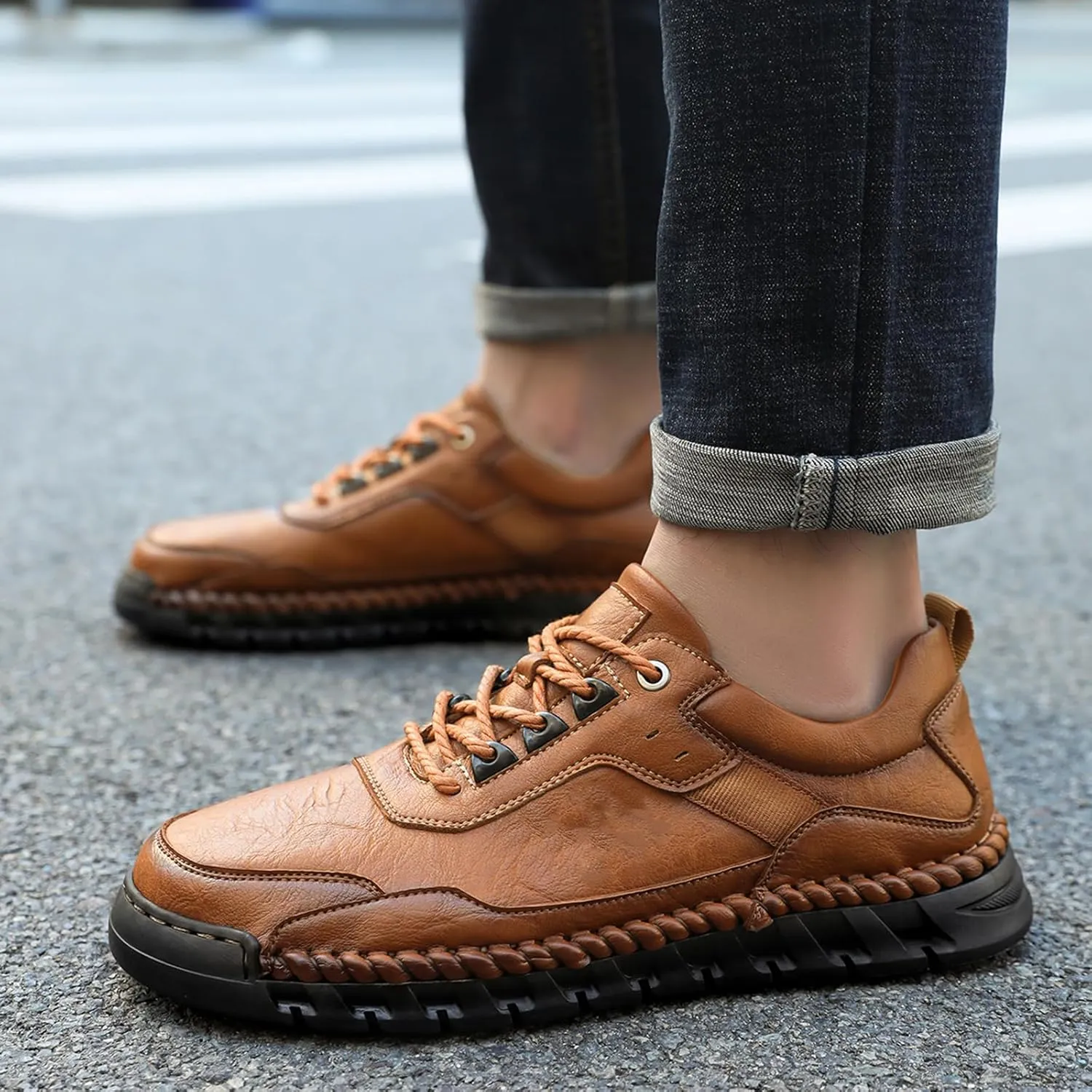 Men's Genuine Leather Lace Up Casual Loafers Handmade Stitching Round Toe Soft Sole Outdoor Fashion Sneakers Comfortable Lightweight Dress Walking Shoes for Driving Business Working