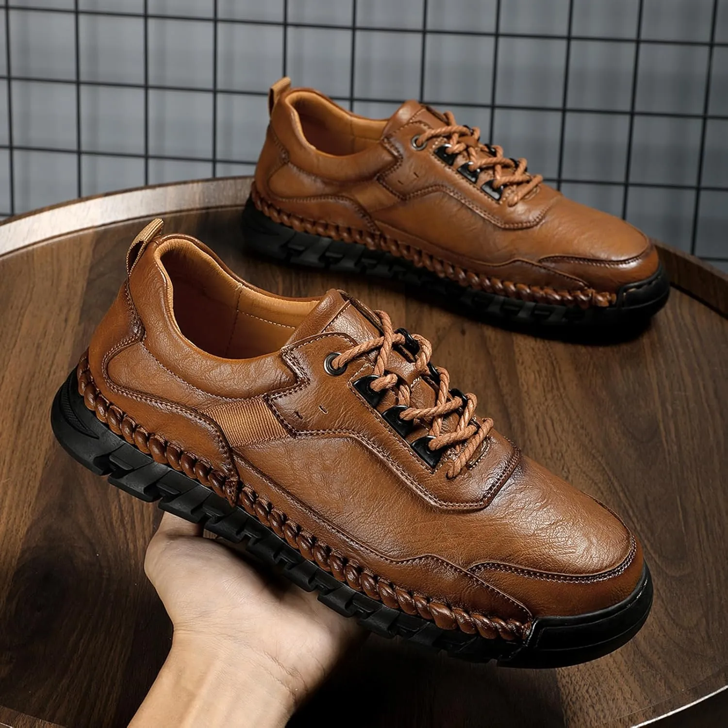 Men's Genuine Leather Lace Up Casual Loafers Handmade Stitching Round Toe Soft Sole Outdoor Fashion Sneakers Comfortable Lightweight Dress Walking Shoes for Driving Business Working