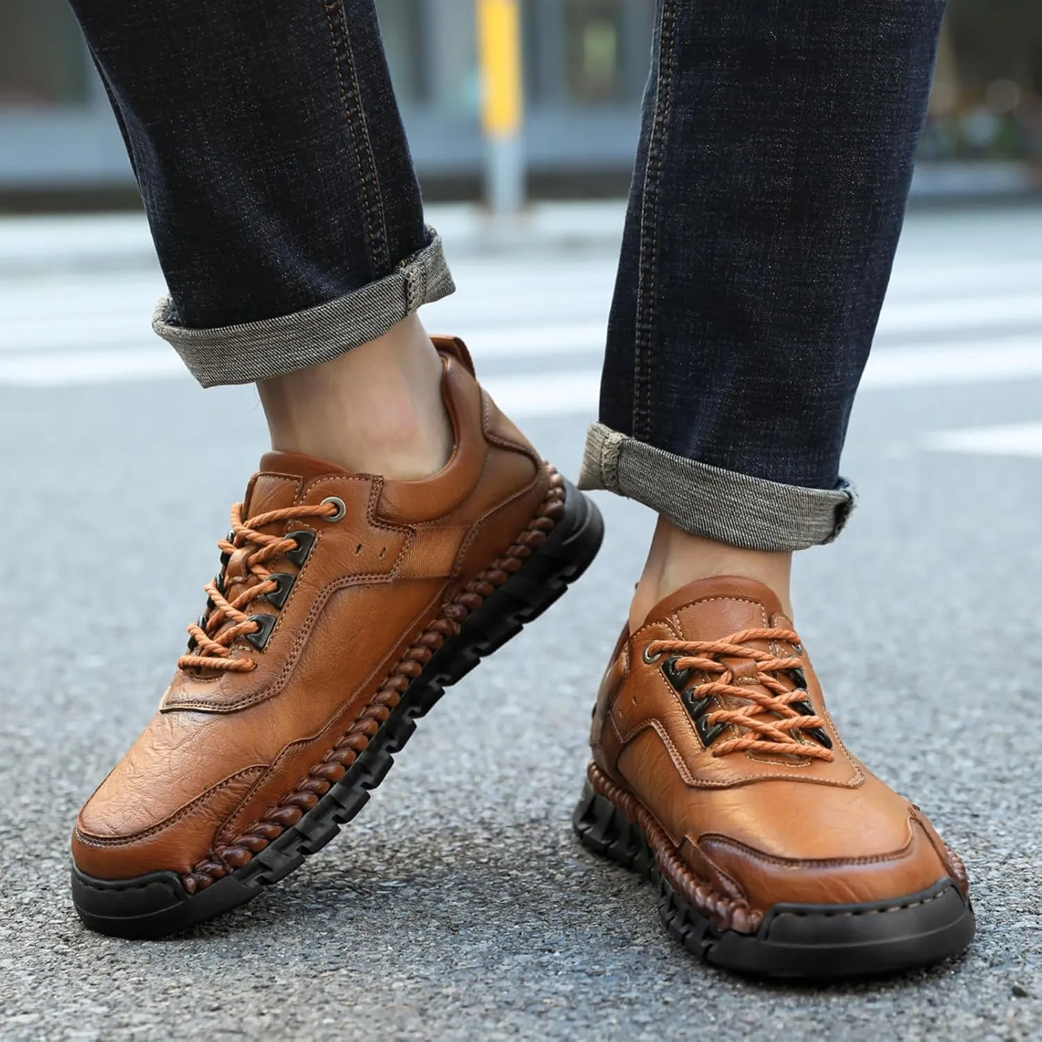Men's Genuine Leather Lace Up Casual Loafers Handmade Stitching Round Toe Soft Sole Outdoor Fashion Sneakers Comfortable Lightweight Dress Walking Shoes for Driving Business Working