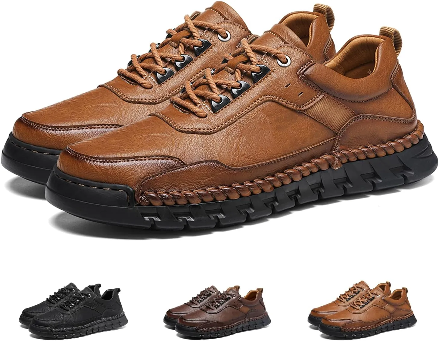 Men's Genuine Leather Lace Up Casual Loafers Handmade Stitching Round Toe Soft Sole Outdoor Fashion Sneakers Comfortable Lightweight Dress Walking Shoes for Driving Business Working
