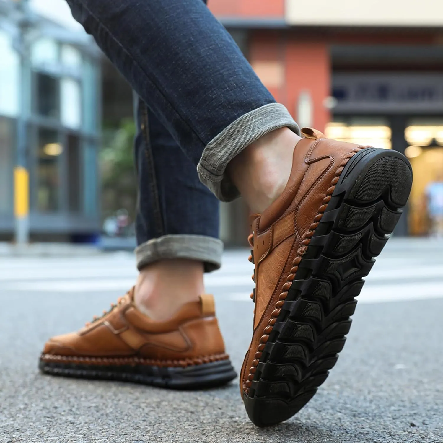 Men's Genuine Leather Lace Up Casual Loafers Handmade Stitching Round Toe Soft Sole Outdoor Fashion Sneakers Comfortable Lightweight Dress Walking Shoes for Driving Business Working