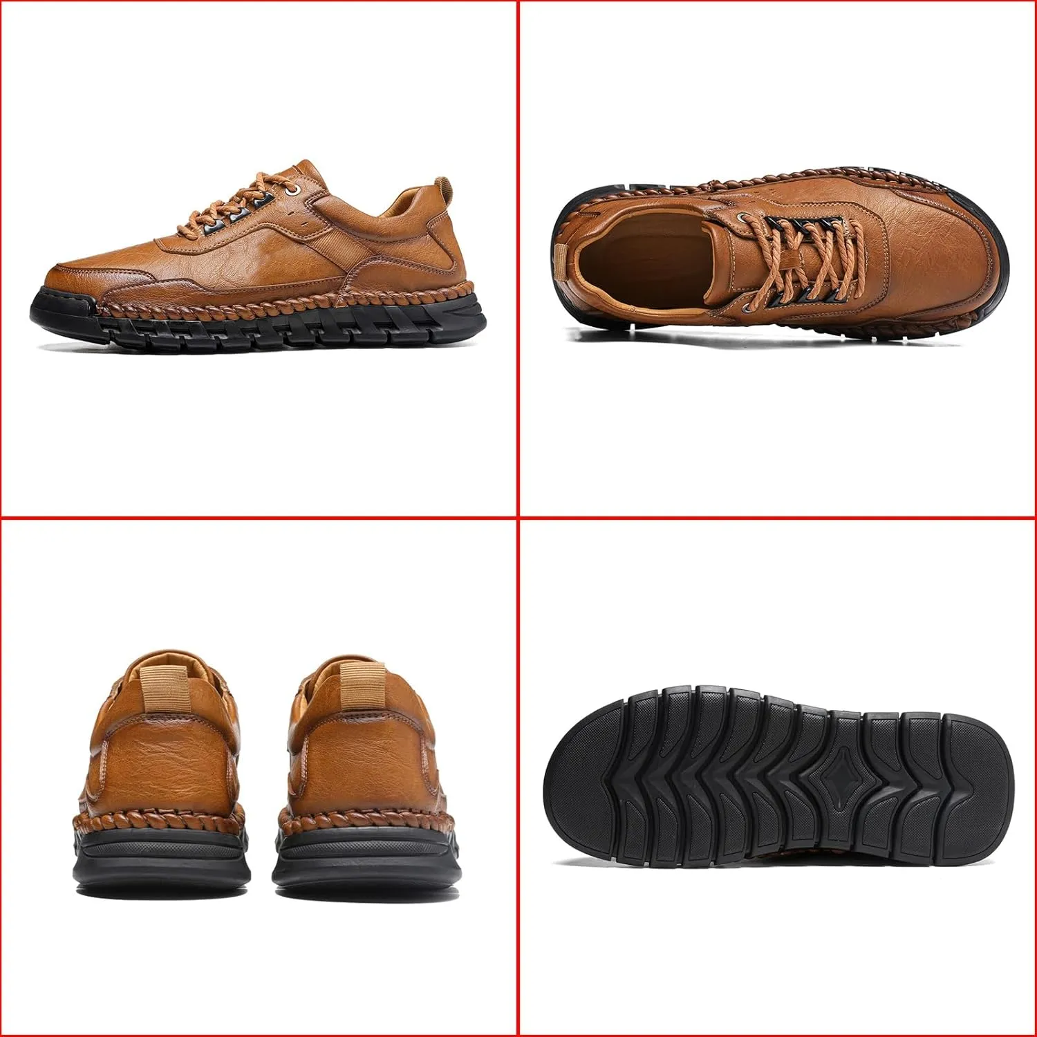 Men's Genuine Leather Lace Up Casual Loafers Handmade Stitching Round Toe Soft Sole Outdoor Fashion Sneakers Comfortable Lightweight Dress Walking Shoes for Driving Business Working