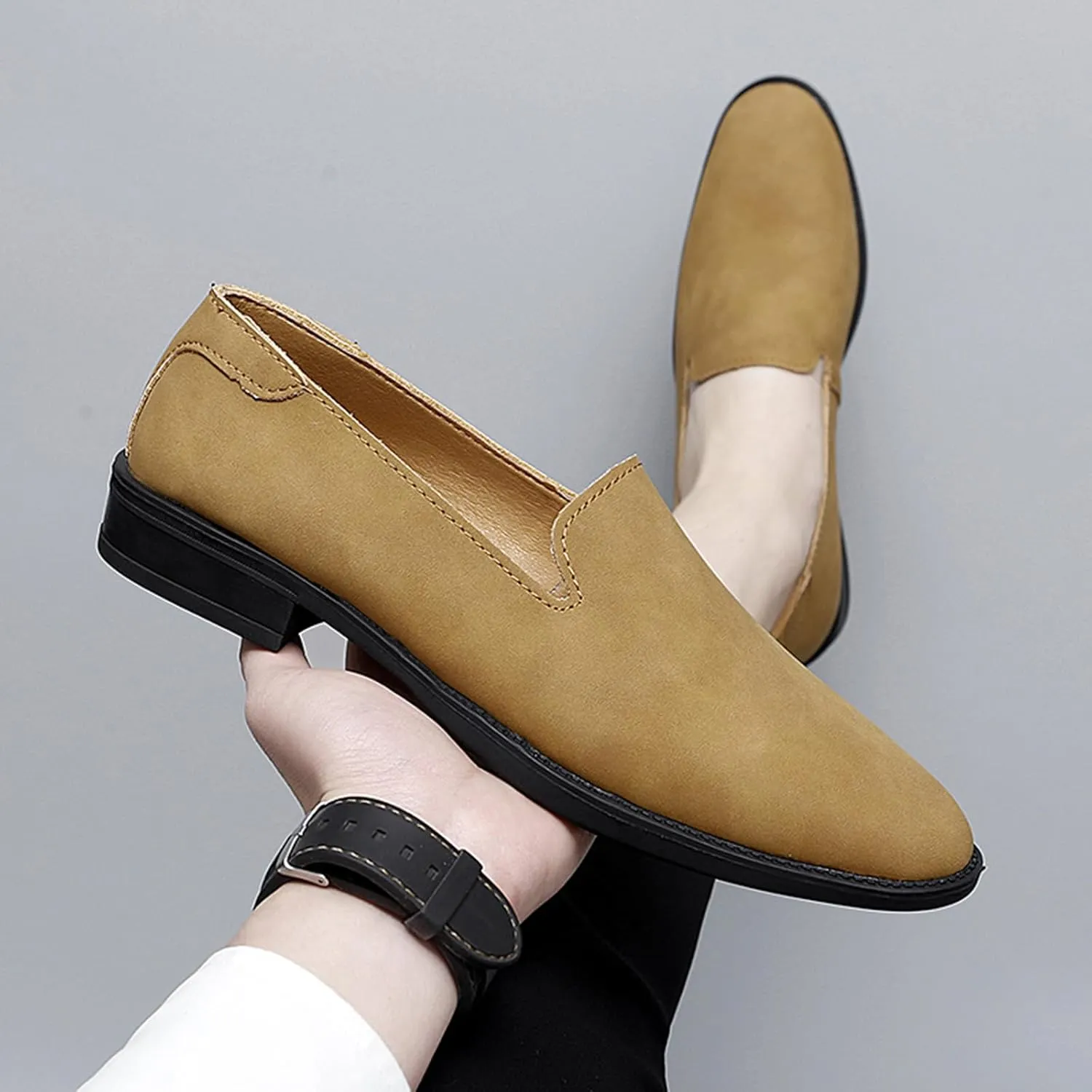 Men's Genuine Leather Slip On Dress Oxford Loafers Classic Simple Cap Toe Low Top Driving Shoes Lightweight Casual Business Formal Shoes