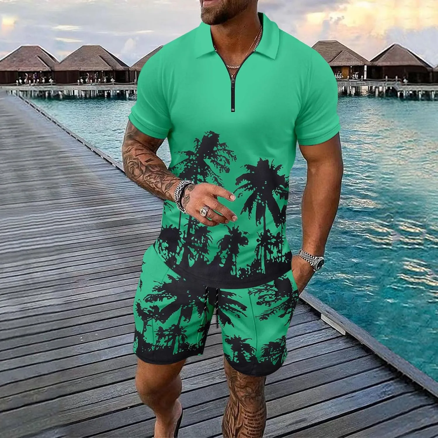 Mens Gym Sets 2 Piece Outfits Hawaiian Outfits For Men Workout Short Sleeve Zip Polo Sweatsuit For Men Mens Romper