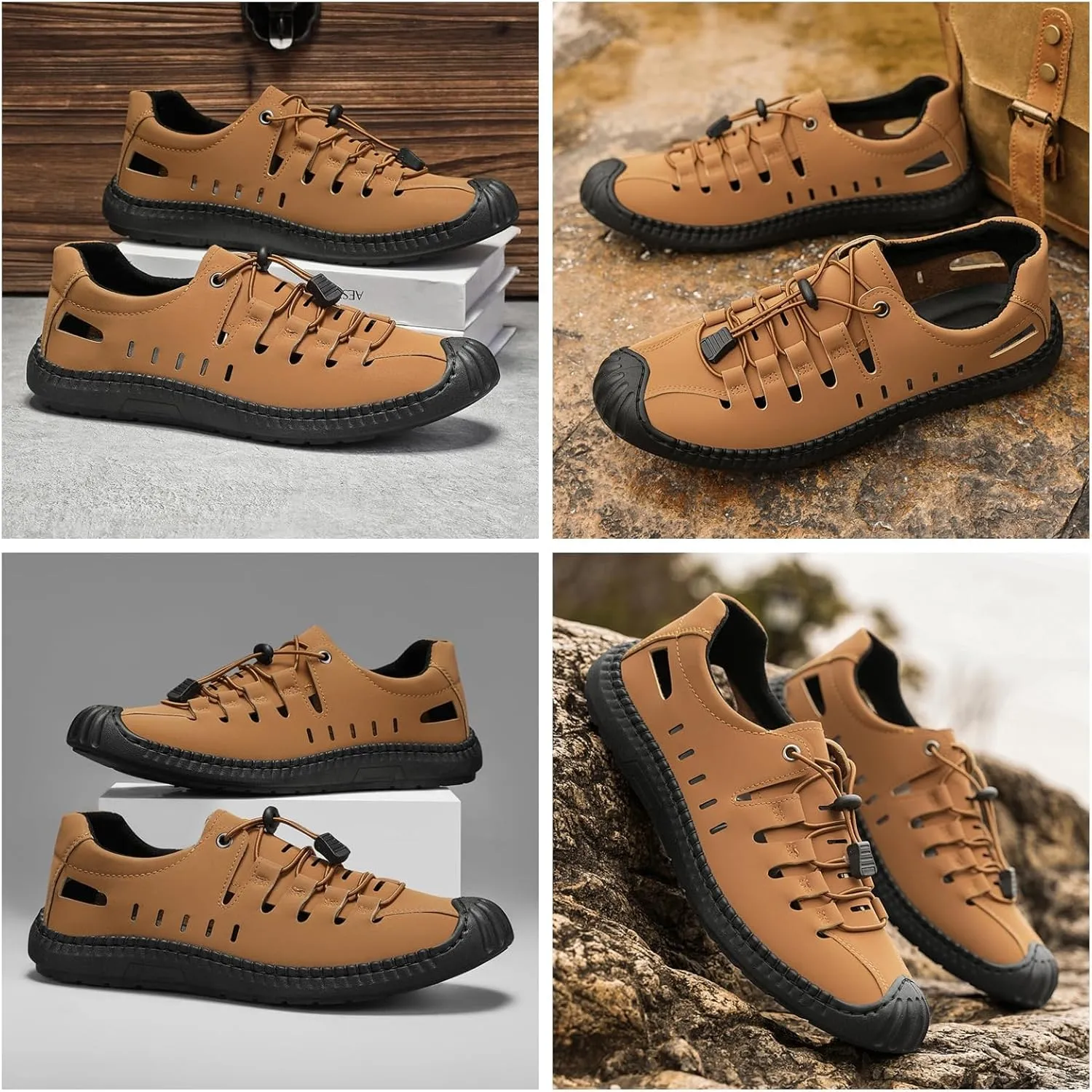Men'S Leather Closed-Toe Outdoor Sandals - Adjustable Strap Non-Slip Sole For Beach Fishing & Hiking