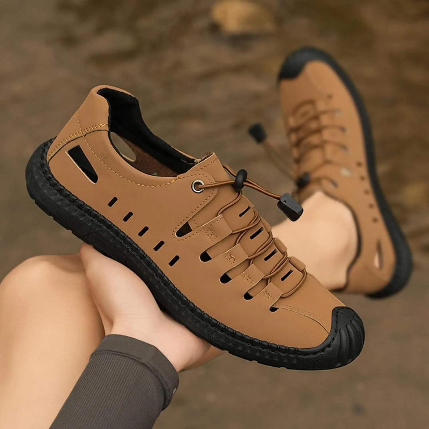 Men'S Leather Closed-Toe Outdoor Sandals - Adjustable Strap Non-Slip Sole For Beach Fishing & Hiking