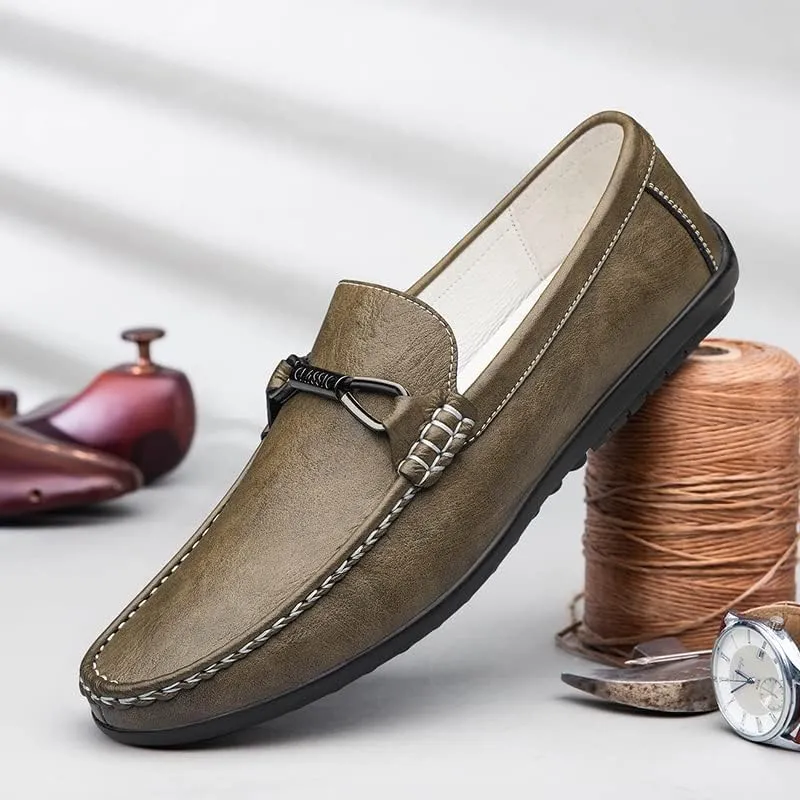 Mens Leather Loafers Slip-On Casual Shoes Flats Fashion Black Khaki Beige
