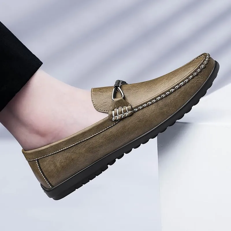 Mens Leather Loafers Slip-On Casual Shoes Flats Fashion Black Khaki Beige