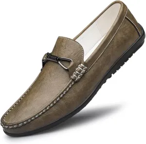 Mens Leather Loafers Slip-On Casual Shoes Flats Fashion Black Khaki Beige