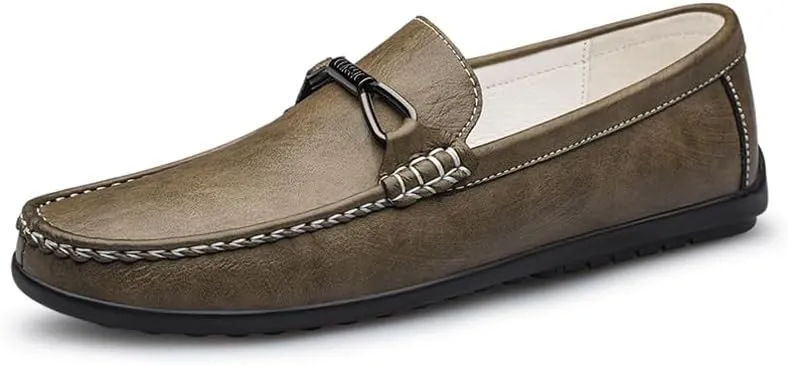 Mens Leather Loafers Slip-On Casual Shoes Flats Fashion Black Khaki Beige
