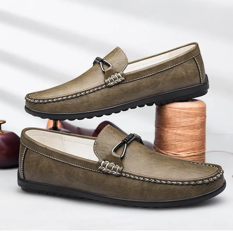 Mens Leather Loafers Slip-On Casual Shoes Flats Fashion Black Khaki Beige