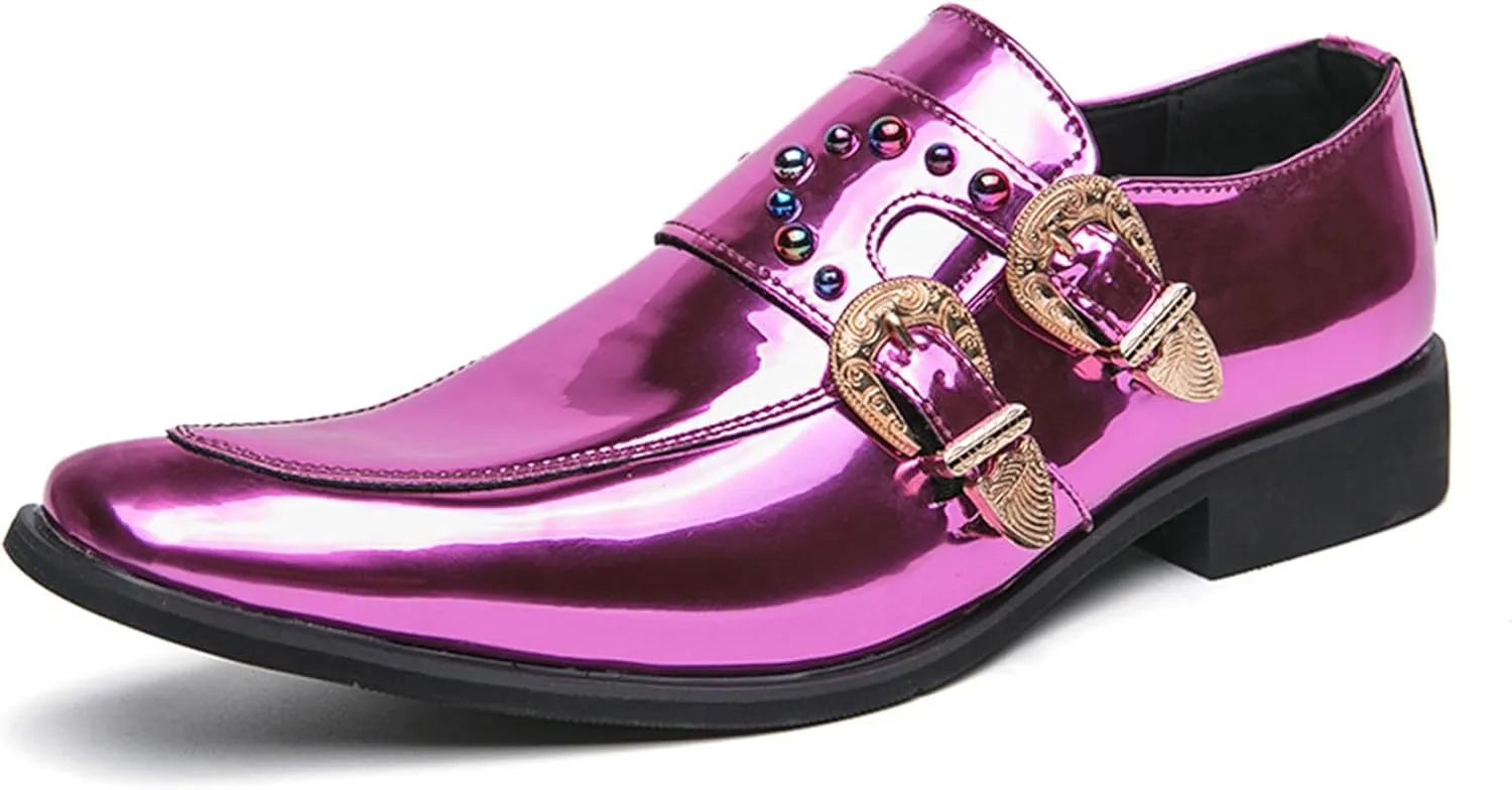 Men's Patent Leather Pointed Dual Monk Straps Loafers Rivets Slip-on Non-Slip Waterproof Arch Support Oxford Formal Business Dress Shoes