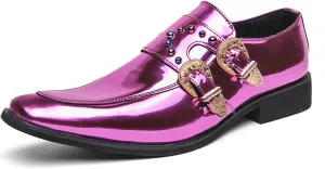 Men's Patent Leather Pointed Dual Monk Straps Loafers Rivets Slip-on Non-Slip Waterproof Arch Support Oxford Formal Business Dress Shoes