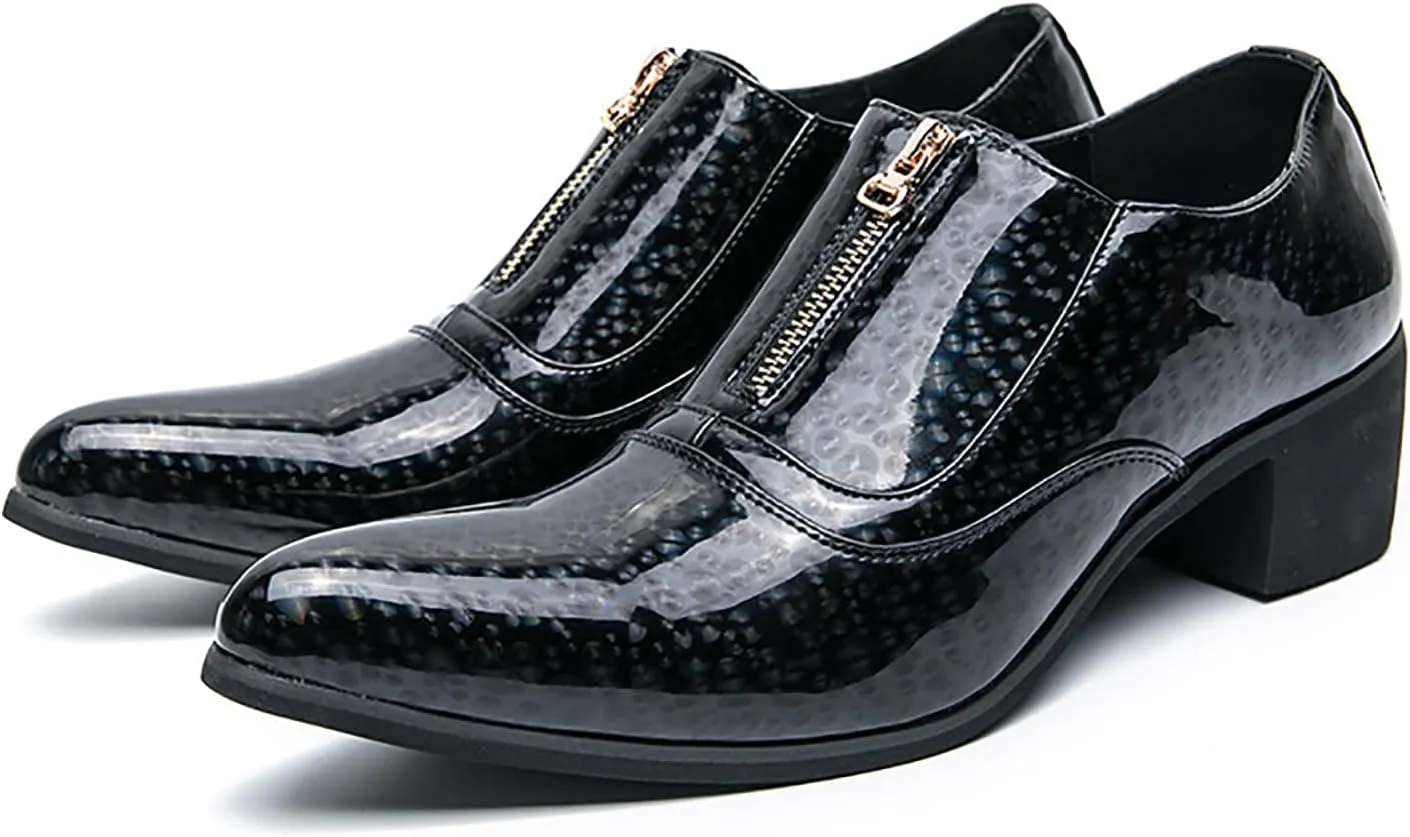 Men's Pointed Toe Chunky Heels Dress Oxford Shoes,Fashion Print Front Zipper Slip on Loafers Patent Leather Low Top Chelsea Business Formal Derby Shoes