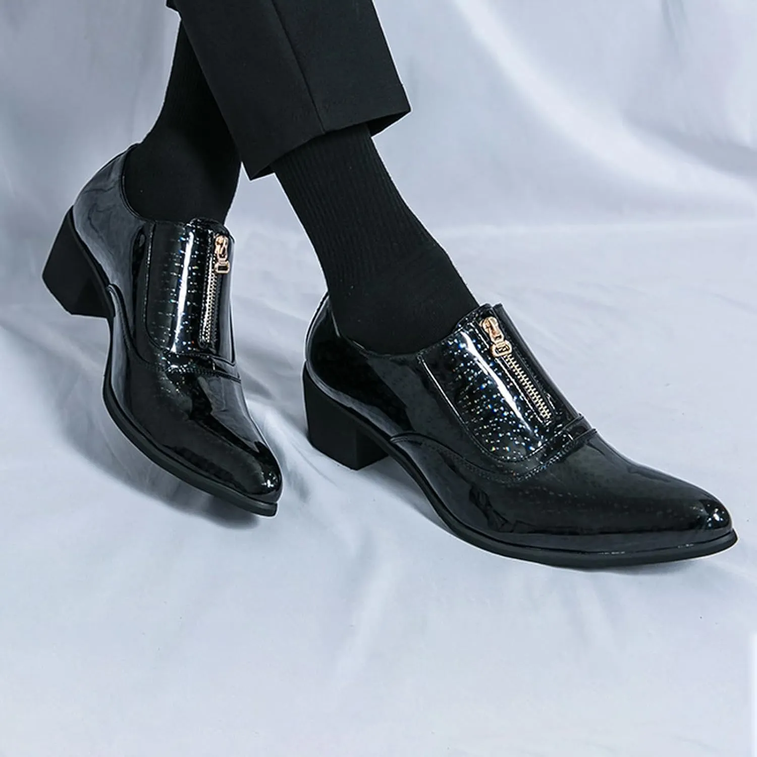 Men's Pointed Toe Chunky Heels Dress Oxford Shoes,Fashion Print Front Zipper Slip on Loafers Patent Leather Low Top Chelsea Business Formal Derby Shoes