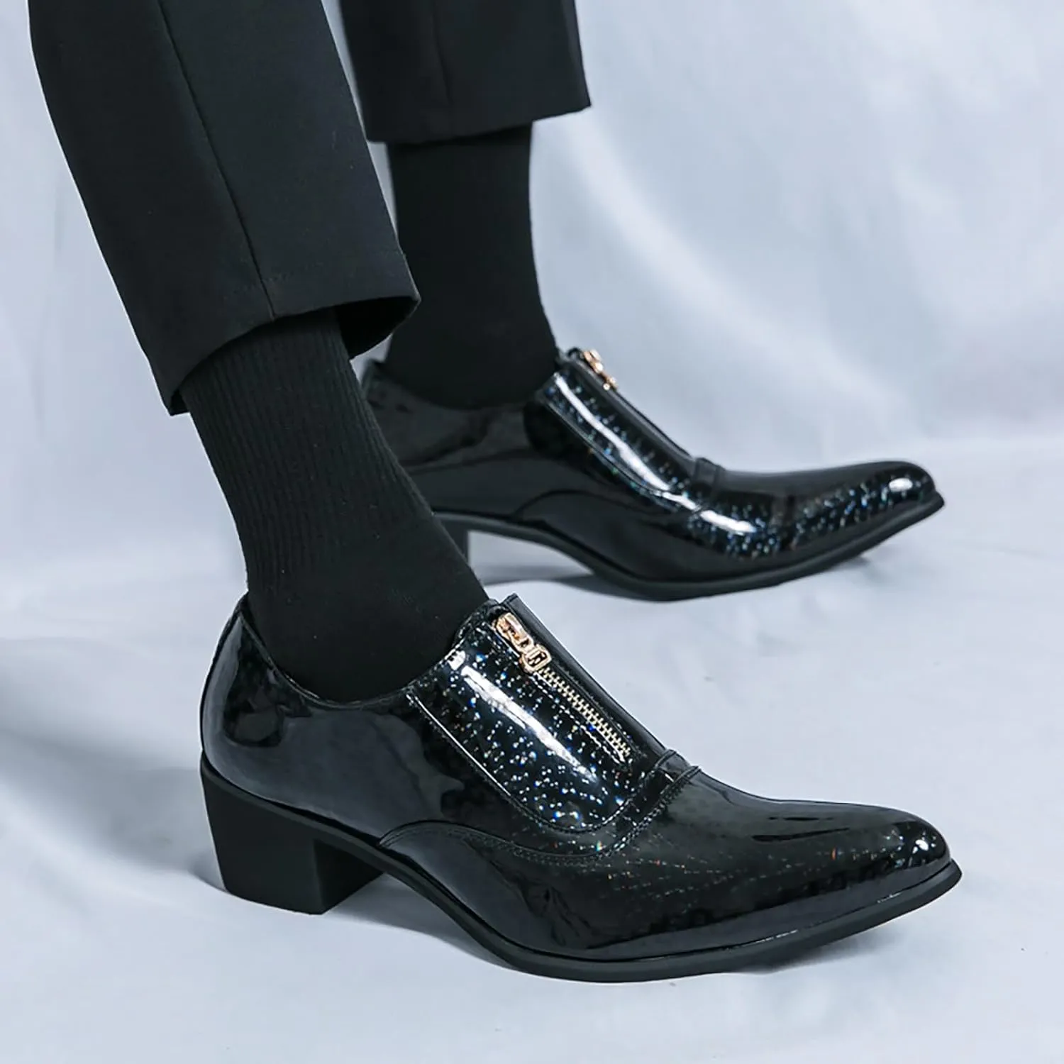 Men's Pointed Toe Chunky Heels Dress Oxford Shoes,Fashion Print Front Zipper Slip on Loafers Patent Leather Low Top Chelsea Business Formal Derby Shoes