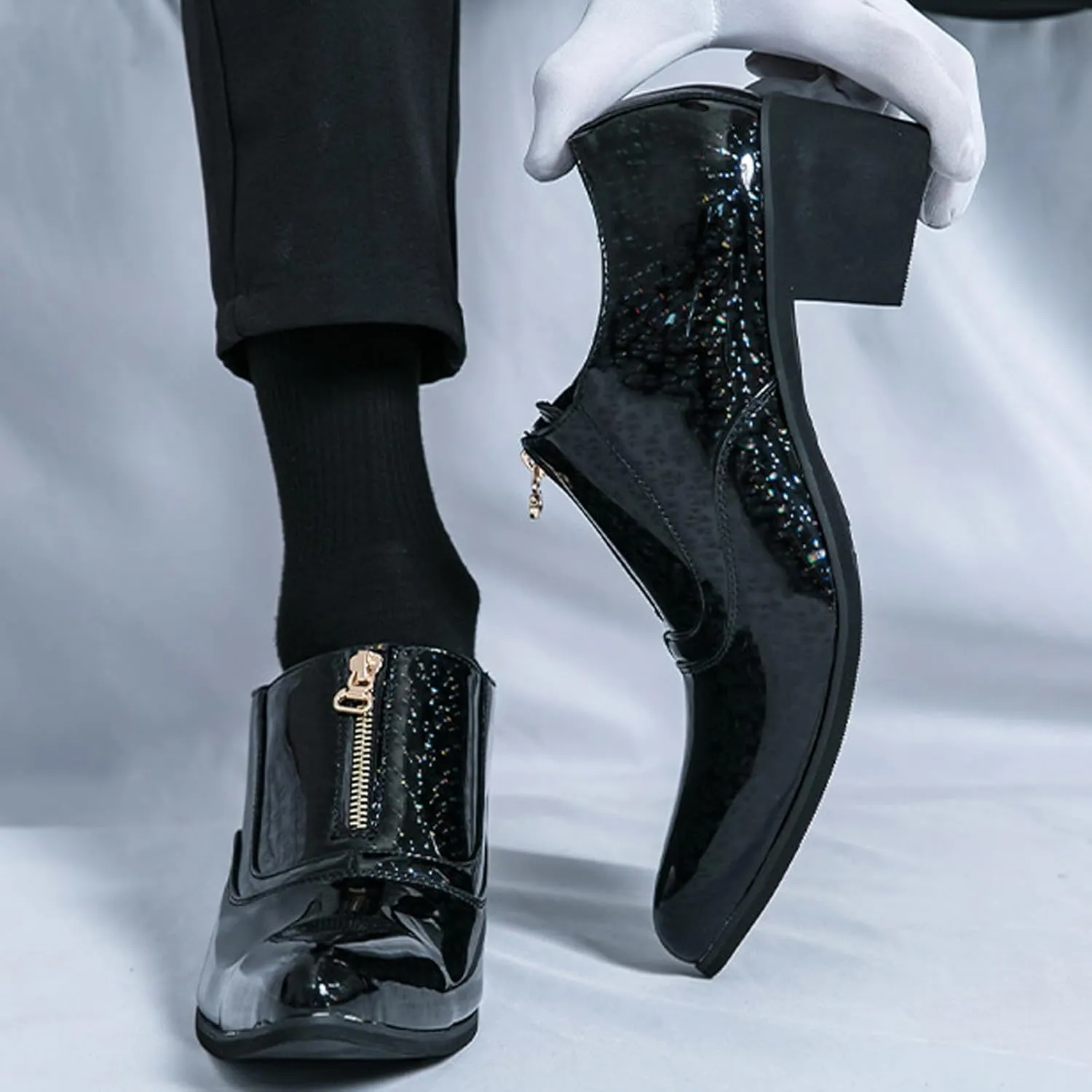 Men's Pointed Toe Chunky Heels Dress Oxford Shoes,Fashion Print Front Zipper Slip on Loafers Patent Leather Low Top Chelsea Business Formal Derby Shoes