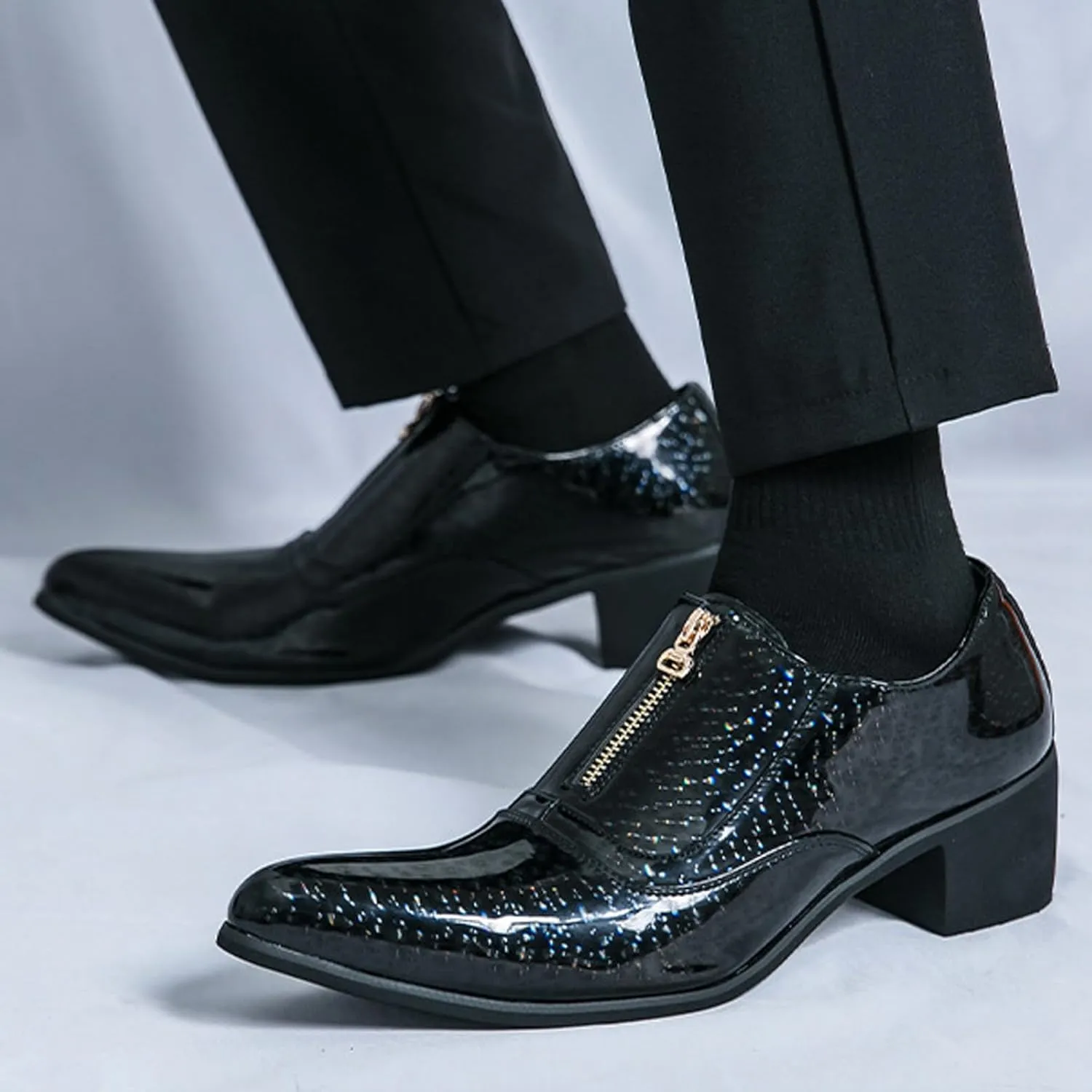 Men's Pointed Toe Chunky Heels Dress Oxford Shoes,Fashion Print Front Zipper Slip on Loafers Patent Leather Low Top Chelsea Business Formal Derby Shoes
