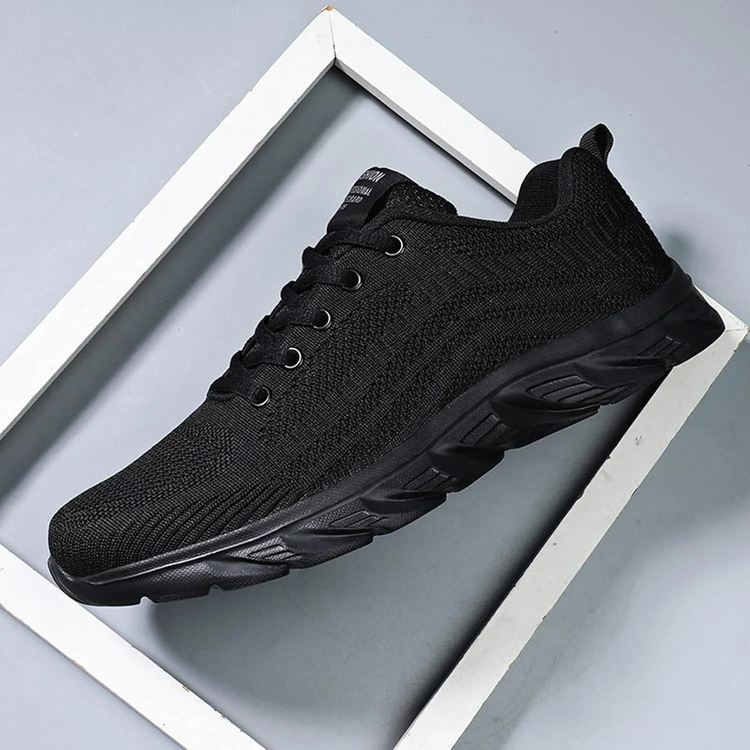 Mens Running Shoes Knit Breathable Fahion Sneakers Lace Up Black Platform for Food Service Non-Slip Casual Trainers Comfortable Lightweight Walking Shoes